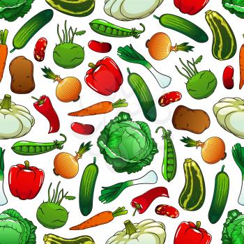 Pattern of fresh vegetables on white background with seamless pepper, onion, cabbage, carrot, bean, potato, cucumber, green pea, zucchini, leek, kohlrabi and pattypan squash vegetables