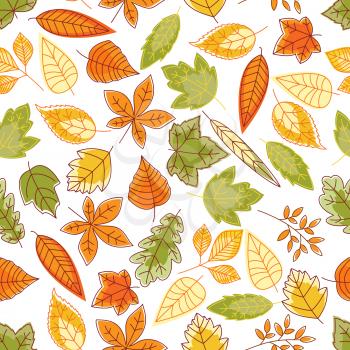 Autumn leaves background with sketchy seamless pattern of orange, yellow and green foliage of maple, oak, chestnut, birch and elm trees, bushes and herbs. Autumnal nature theme design