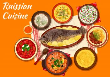 Russian cuisine thin pancake icon served with red caviar, meat dumplings, baked fish, sour soup with olives, beet soup borscht, cold vegetable soup, beef stroganoff and fish soup