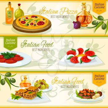 Italian cuisine pizza, lasagna, carpaccio dishes menu banners with tomato and mozarella salad caprese, beef with porcini mushrooms and caesar salad, adorned by olive branches and bottles of olive oil