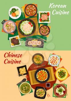 Chinese and korean cuisine icon with seafood and spicy vegetable salads, grilled beef, shrimp noodles, vegetable, seafood and tofu soups, fried pork and prawns, stuffed squid, cinnamon dumplings