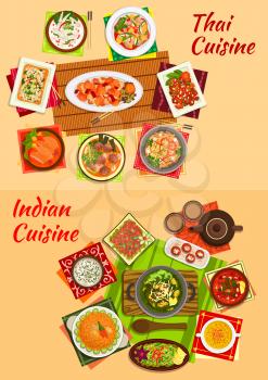 Indian and thai cuisine sign with tomato and meat curries, rice noodles with shrimps, chicken salads, pilaf, sweet pork, nut, meatball and seafood soups, milk balls and fruit salad