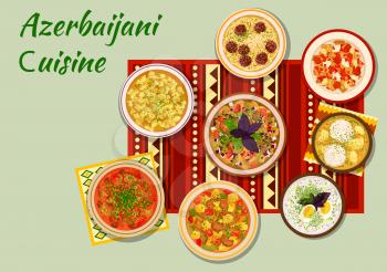 Azerbaijani cuisine icon with grilled vegetables salad, dumpling soup, fish ball kofta, lamb vegetable stew, meatball bean soup, chicken cornel stew, lamb with pomegranate sauce, cold yogurt soup