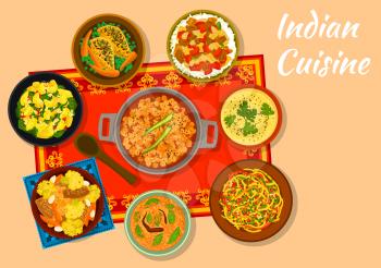 Indian cuisine chickpea curry sign with warm cabbage salad, chicken with vegetables, spinach potato, eggplant stew with rice, corn soup with lentil, snack pie khaman, curry chicken with carrot