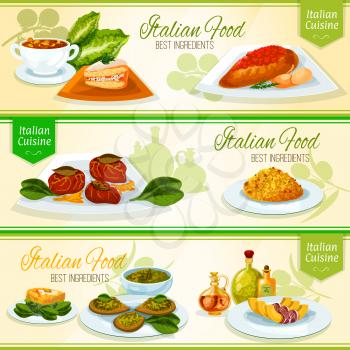 Italian cuisine banners with risotto, basil pesto with crostini, chicken milanese with tomato sauce, beef topped with ham, tuscan bean soup, sicilian cake cassata, spinach omelette
