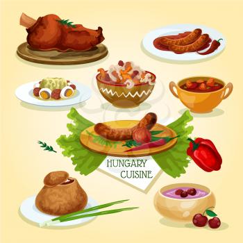 Hungarian cuisine signature dishes icon with spicy sausages, beef goulash, vegetable salad, meat and paprika stew, smoked meat, onion soup in bread bowl, cold sour cherry soup
