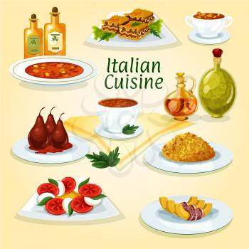 Italian cuisine traditional risotto icon served with lasagna, tomato and mozzarella salad caprese, spicy tomato soup, pasta soup minestrone, pumpkin with bacon, poached pear in red wine, bean soup