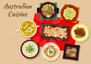 Australian cuisine dinner icon with baked salmon, beef steak, chicken cream soup with almond, beef rolls with nuts, potato salad, fruit and vegetable salad, boiled beef, chicken broth with ginger