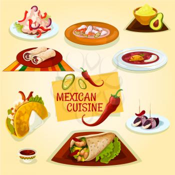 Mexican cuisine taco, burrito and tortilla wrap sandwiches with meat and vegetables icon served with avocado guacamole and tomato salsa sauces, fish soup, bean salad and spicy chilli soup