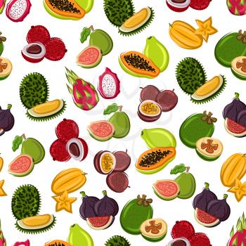 Fresh and sweet tropical fruits seamless background with pattern of exotic durian, star fruit, papaya, dragon fruit, fig, feijoa, guava, passion fruit and lychee fruits