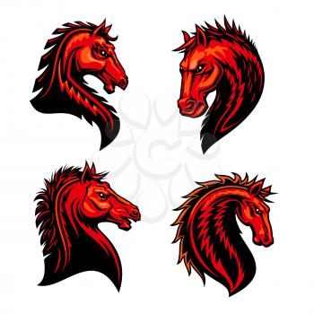 Fire horse mascots with head of wild mustang stallion, bronco or purebred racehorse, decorated by tribal ornament in shape of fire flames. Horse racing symbol, sporting club or team badge design