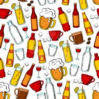 Seamless drinks and beverages pattern with beer, red wine, fruit juice, lemonade, carbonated soft drinks and milk, cups of coffee and tea with sugar cubes and coffee beans