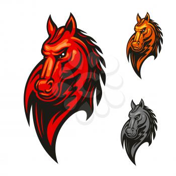 Red flaming horse head mascot with mad and powerful stallion horse. Sporting competition badge or sport club symbol design