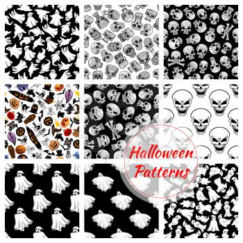 Halloween seamless decoration patterns set. Vector pattern of flying bed sheet ghosts, skulls with crossbones. Halloween celebration cartoon symbols of coffin, pumpkin with candle, witch and black cat