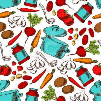 Cooking vegetarian soup with ingredients and kitchen utensils seamless pattern with tomato, potato, beet, carrot, chilli pepper, garlic and tomato sauce, pot and ladle
