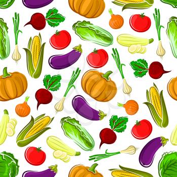 Ripe autumn vegetables seamless pattern background with tomato, onion, corn, eggplant, beet, zucchini, pumpkin and cabbage vegetables. Organic farming or agriculture themes design