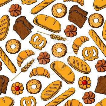 Bakery and pastry products background. Seamless pattern of sweet bun, french croissant and baguette, glazed donut, jelly filled cookie, pretzel, long loaf and dark rye bread