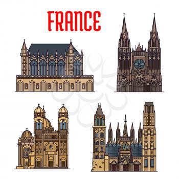 Linear travel landmarks of France icon with royal chapel Sainte-Chapelle, gothic Rouen Cathedral, Bourges Cathedral, Cathedral of Saint Mary Major. Travel design