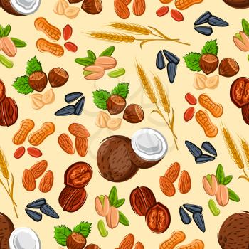 Nuts and seeds seamless pattern with almond, hazelnut, peanut, pistachio, walnut, coconut, wheat ears and sunflower seed on cream background. Vegetarian food and confectionery design