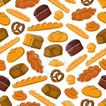 Fresh bread and buns seamless pattern of french croissant and baguette, jewish rye bread and challah, bavarian cupcake and pretzel, swedish cinnamon roll and round greek bread