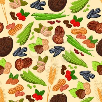 Healthy nut, bean, seed and cereal seamless pattern on beige background with peanut, almond, coffee bean and berry, hazelnut, green pods of pea and bean, walnut, coconut, wheat and sunflower seed