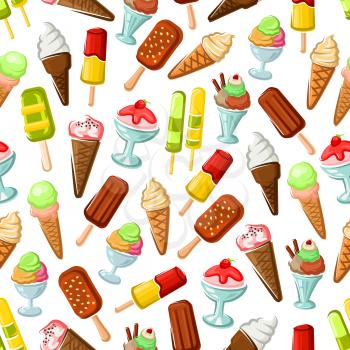 Chocolate ice cream on stick, waffle cone with strawberry and caramel soft serve ice cream, sundae dessert and fruit popsicle seamless pattern background. Food packaging and cafe menu design