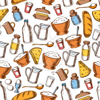 Baking and cooking ingredients seamless pattern with sketched milk, bread, cheese, egg, cream, butter, sugar and flour. Recipe book, bakery shop design