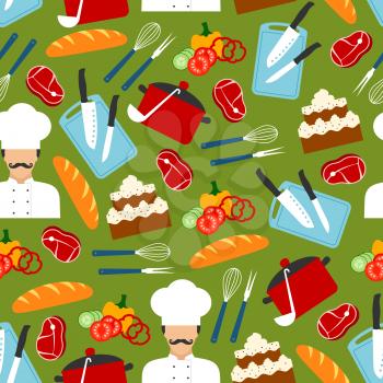 Chef with kitchen utensils and ingredients for cooking dinner seamless pattern of fresh tomato, pepper and cucumber vegetables, knife, pot, bread, beef steak, cake, fork, whisk, ladle