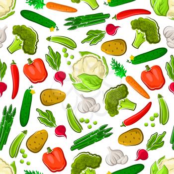Seamless healthy vegetables pattern of fresh bell pepper, carrot, chilli, broccoli, garlic, green pea, cucumber, radish, potato, cauliflower and asparagus vegetables