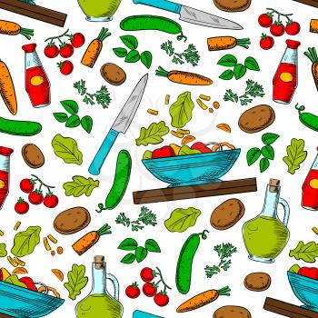 Cooking vegetable salad seamless pattern of fresh tomato, cucumber, carrot, potato, olive oil, spicy herbs and vinegar with knife, bowl and cutting board