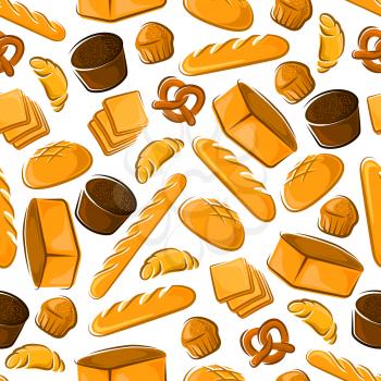 Bakery seamless pattern with bread and buns. Wheat and rye bread, cupcake, croissant, baguette, toast and pretzel background for food design