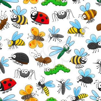 Funny insects seamless pattern background with cartoon bee, butterfly, bug, fly, caterpillar, dragonfly, mosquito, ladybug, wasp, ant spider and bumblebee characters