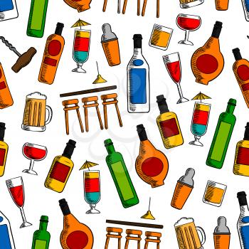 Bar cocktails and alcoholic drinks seamless pattern with wine, beer, whisky, vodka, tequila and liquor bottles and glasses with shaker and bar counter on white background