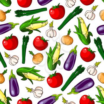 Ripe vegetables seamless pattern background with tomato, onion, eggplant, garlic, corn and asparagus vegetables. Agriculture theme or gardening design