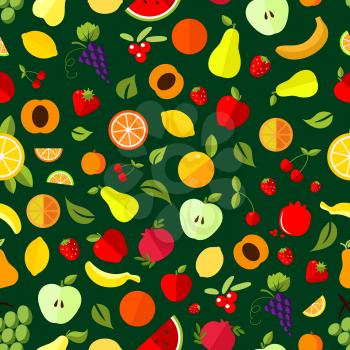 Fresh berry and fruit seamless pattern. Apple, orange, banana, strawberry, cherry, grape, lemon, peach pear watermelon pomegranate and cranberry fruits background