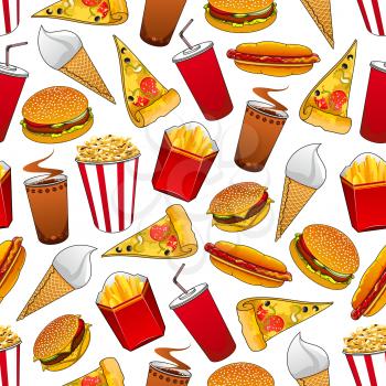 Junk food seamless pattern with fast food hamburger cheeseburger, pizza, hot dog, coffee and soda drinks, french fries, ice cream cone and popcorn bucket
