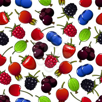 Sweet summer berry and fruit seamless pattern background with strawberry, cherry, raspberry, blueberry, blackcurrant, gooseberry, blackberry and briar fruits
