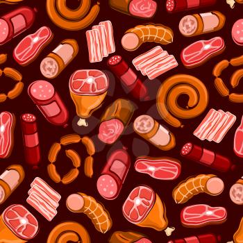 Seamless pattern of meat sausage, ham, bacon, beef steak, salami, chorizo and baked pork. Barbecue or grill menu design