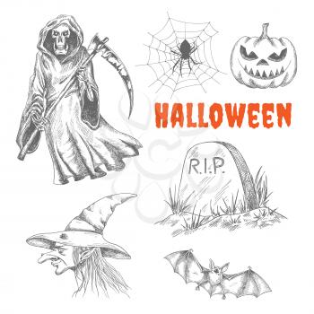 Sketched characters for Halloween celebration decoration. Vector isolated death wih scythe, spider in spiderweb, scary pumpkin with eyes, R.I.P. tomb stone, ugly old witch in magic hat, flying vampire