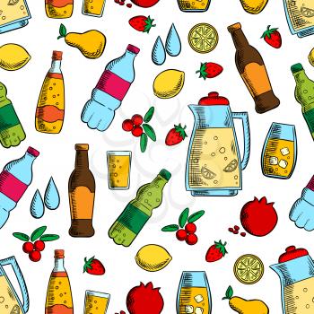 Non-alcoholic drinks with fruits seamless pattern of water, juice, soda and soft beverages, jug of fresh lemonade on white background with lemon, strawberry, pear, cranberry and pomegranate fruits