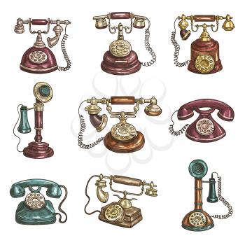 Old vintage retro phones with receivers, dials, wires. Sketch icons