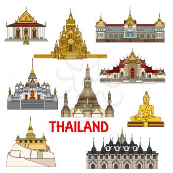 Historic sightseeings and architecture buildings of Thailand. Vector detailed icons of Thai palaces, buddha temples, pagodas. Ratchanadda, Benchamabophit, Arun, Saket, Laem Sor, Traimit, sattahip elem