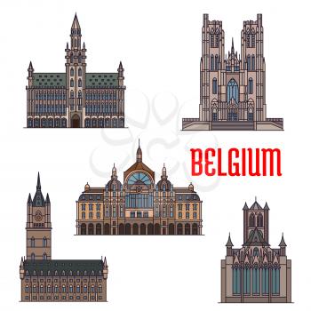 Famous historic buildings of Belgium. Vector detailed icons of Belfry of Ghent, St Bavo Cathedral, St Michael Catherdral, Antwerp Central Station. Belgian architecture symbols for print, souvenirs, po