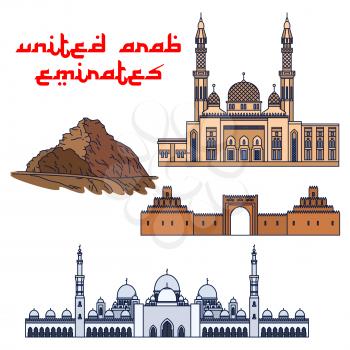 Famous historic buildings of United Arab Emirates. Vector detailed icons of Jumeirah Mosque, Sheikh Zayed Mosque, Jebel Hafeet, Al Ain Palace Museum. Arabian symbols for print, souvenirs, postcards, t