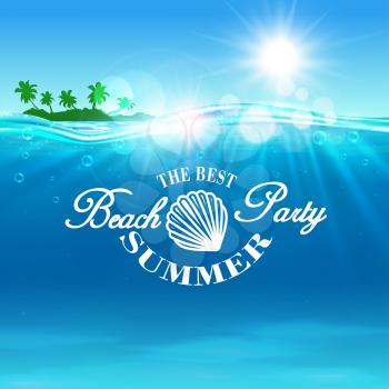 Beach Party poster. Summer travel postcard background with ocean water, shining sun, tropical palm island and shell outline. Template for banner, advertising agency flyer, greeting card