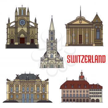 Historic buildings icons of Switzerland. Notre Dame Basilica, St. Pierre Cathedral, Lucerne Town Hall, Zurich Opera House, Bern Minster. Swiss showplaces symbols for print, souvenirs, postcards, t-shi
