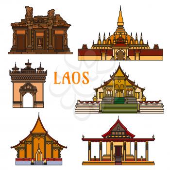 Historic buildings of Laos. Pha That Luang, Sisaket, Vat Phou, Patuxai Arch, Wat Xieng Thong, Vat Sene Souk Haram. Vientiane showplaces icons for souvenirs, postcards, t-shirts
