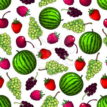 Fruits seamless background. Vector wallpaper with pattern of watermelon, grape, strawberry, cherry, raspberry black currant. Kitchen decoration wallpaper, tablecloth