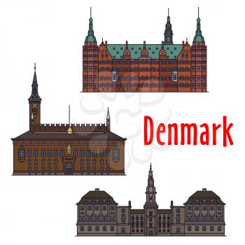 Historic buildings and architecture of Denmark. Christiansborg Palace, Frederiksborg Castle, Copenhagen City Hall. Danish showplaces detailed icons for print, souvenirs, postcards, t-shirts
