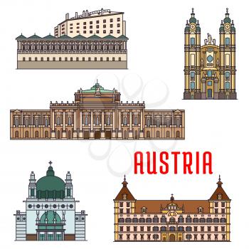 Historic buildings of Austria. Vector architecture icon of Burgtheater, Eggenberg Palace, Melk Abbey, Ambras Castle, Kirche am Steinhof for souvenirs, postcards, t-shirts